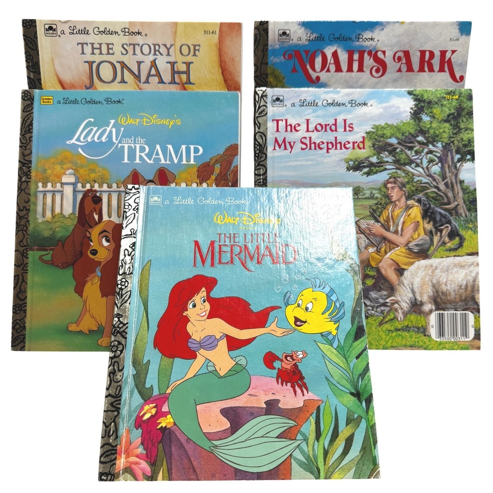 Vintage Little Golden Books Lot 5 Disney Bible Jonah Noah Lady Tramp Mermaid